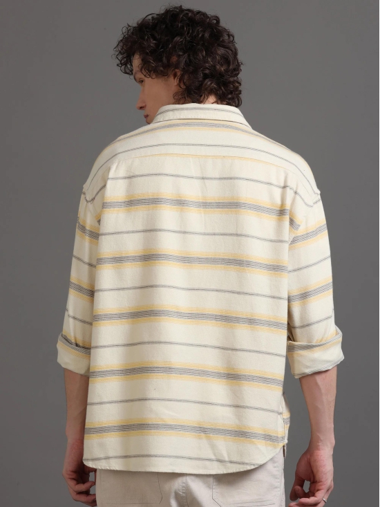 Premium Men Shirt, Relaxed Fit, Yarn Dyed Stripes, Pure Cotton, Full Sleeve, Beige-L / Beige