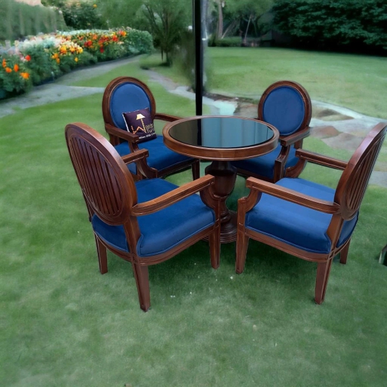 Wooden Twist Winsome Round Teak Wood 4 Seater Dining Table Set-Blue