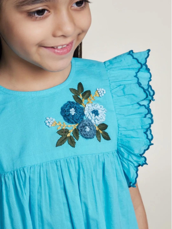 Fiorella Handmade Flower Embroidery Cotton Girls Top - Blue-2-3Y