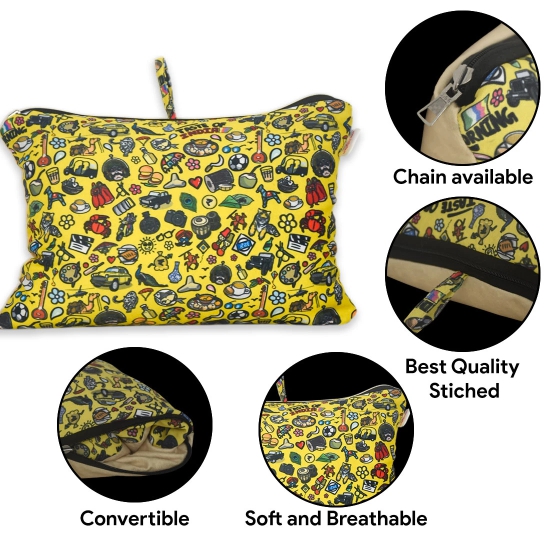 Indigifts Convertible Neck Pillow for Travel | 2 In One Pillow With Doodle Art | Lightweight Comfortable Velvet Fabric (Yellow)