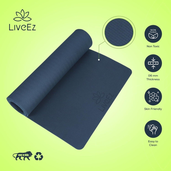 LiveEZ Anti-Skid Lightweight with perfect grip EVA Yoga Mat for Men and Women with Strap (6mm,Navy Blue color)