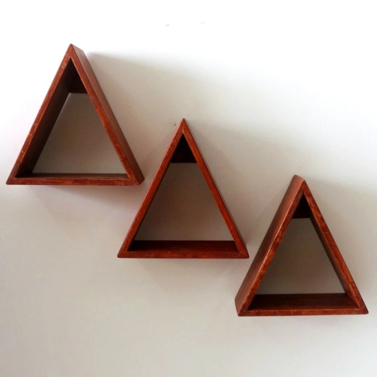 Barish Home DECORS - Triangular Wal Shelf (Set of 3) | Wooden Wall Mount Shelves for Home Decor | Home Decor Piece | Handcrafted with Rubberwood | 24 x 24 x 12 (H x W x D)