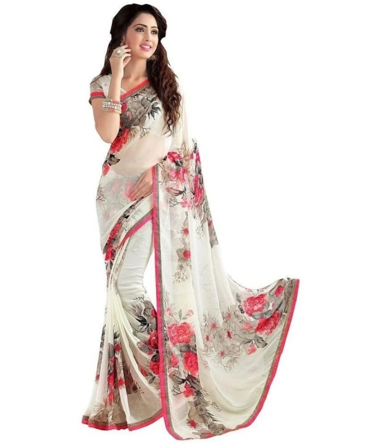 Saadhvi Georgette Printed Saree With Blouse Piece - White ( Pack of 1 ) - White