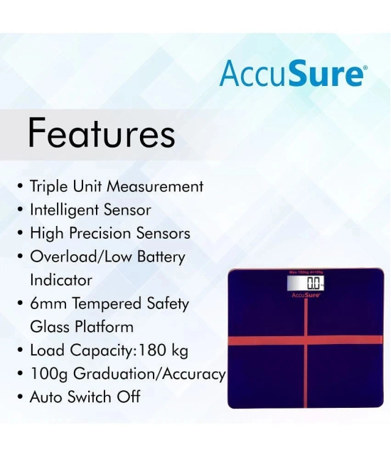 AccuSure Blue & Black Digital Bathroom Weighing Scale, LCD Panel, 6mm Tempered Glass1 Yr Warranty