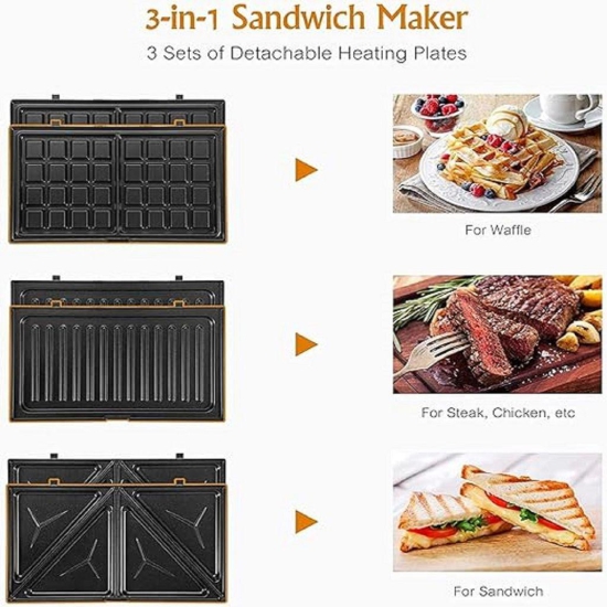 Frontline 3 in 1 Non Stick 750 Watts Waffle Maker, Sandwich Maker & Grill | 3 Detachable Interchngable Plates | Easy to Clean & Use with Indicator Lights