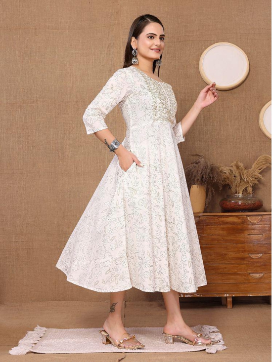 Rangita Women Cotton Off White Embroidered Calf Length Anarkali Kurti - None