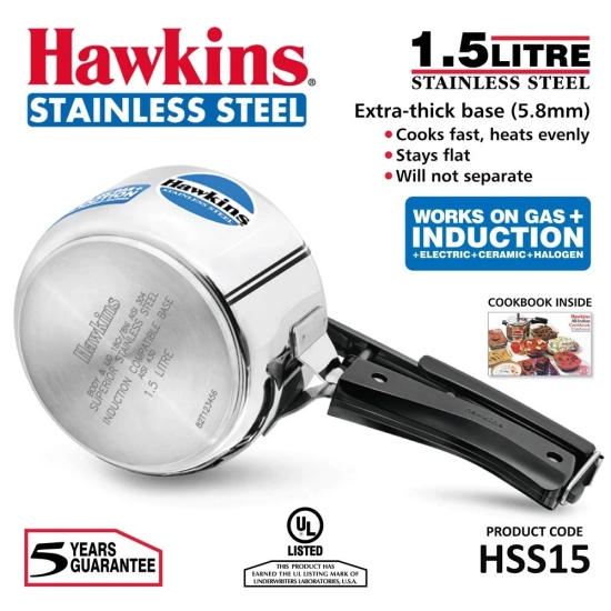 Hawkins Stainless Steel Induction Pressure Cooker, 1.5 litres, Silver (HSS15)  by Mahavir Home Store