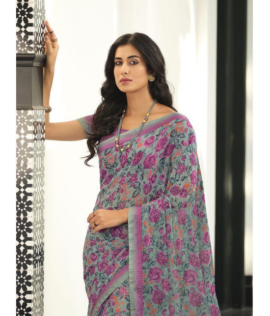 Rangita Georgette Floral Printed Saree With Lace Border & Blouse Piece -Grey - Grey