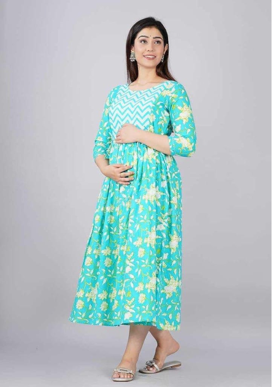 Women's Cotton Floral Printed Anarkali Maternity Feeding Kurti (Sky Blue)