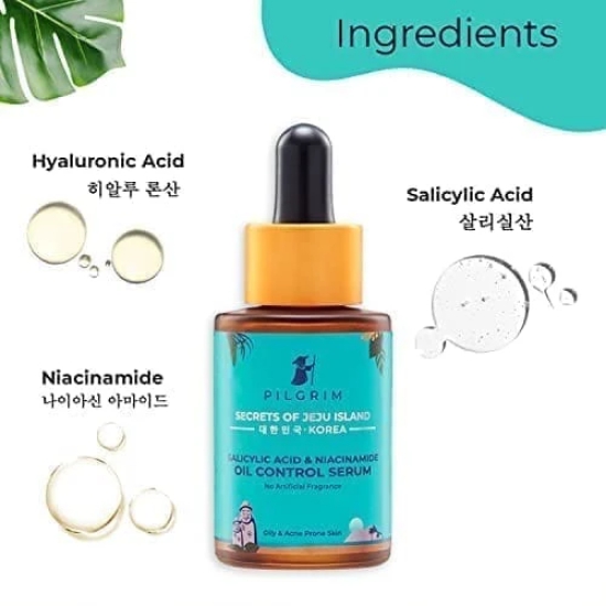 Pilgrim 2% Salicylic Acid + 3% Niacinamide Oil Control Serum For Oily & Acne-Prone Skin For Unisex Of All Skin Types, Korean Skin Care, 30ml