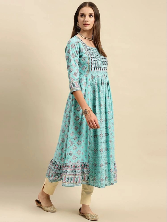 Rangita Women 100% Cotton Light Blue Yoke Embroidered Self Textured Calf Length Anarkali - None