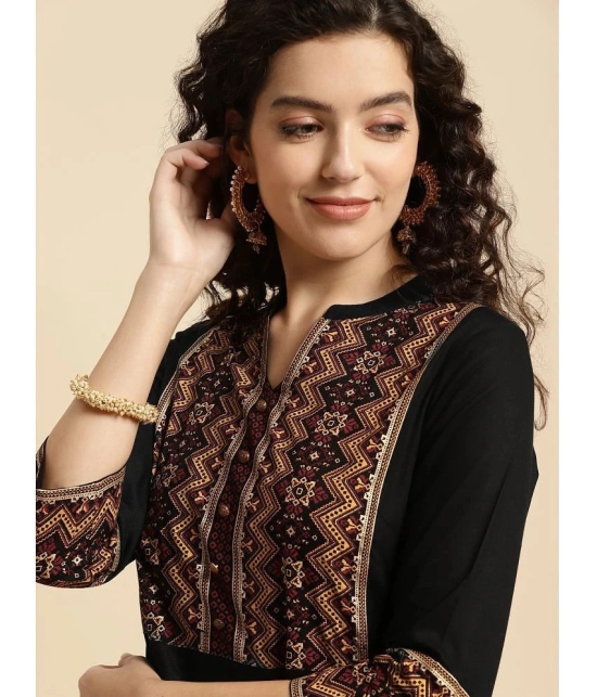 Rangita Women Rayon Black Ethnic Printed Calf Length Flared Kurti - None