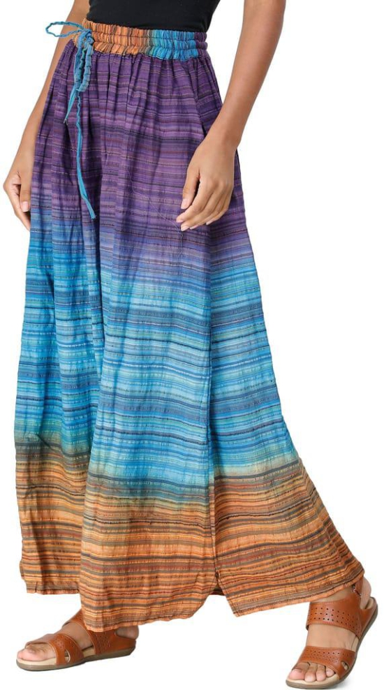 Milky-Blue Long Summer Skirt with Stripes Woven in Multi-Color Thread and Dori on Waist