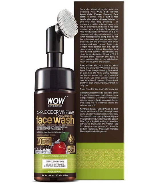 WOW Apple Cider Vinegar Foaming Face Wash - No Parabens, Sulphate and Silicones (With Built-In Brush), 150 ml