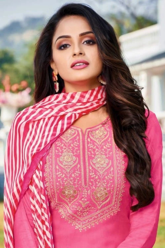 Cerise Pink Chanderi Cotton Embroidered Indian Churidar Suit ( Unstiched)