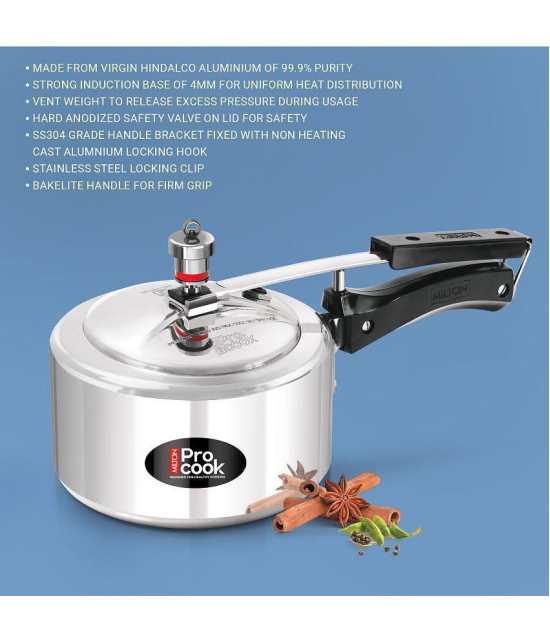 Milton Pro Cook Aluminium Induction Pressure Cooker With Inner Lid, 2 litre, Silver