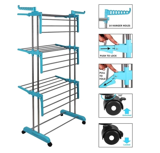 3-Tier Rolling Clothes Airer Heavy Duty Laundry Drying Rack