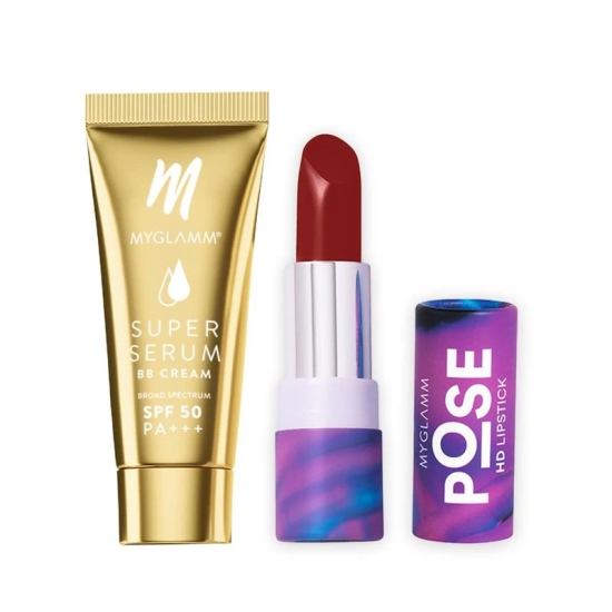 MyGlamm Combo Of Super Serum BB Cream 15g + POSE HD Lipstick | BB Cream With Hyaluronic Acid & SPF 50 & Long Lasting, Matte Finish HD Lipstick