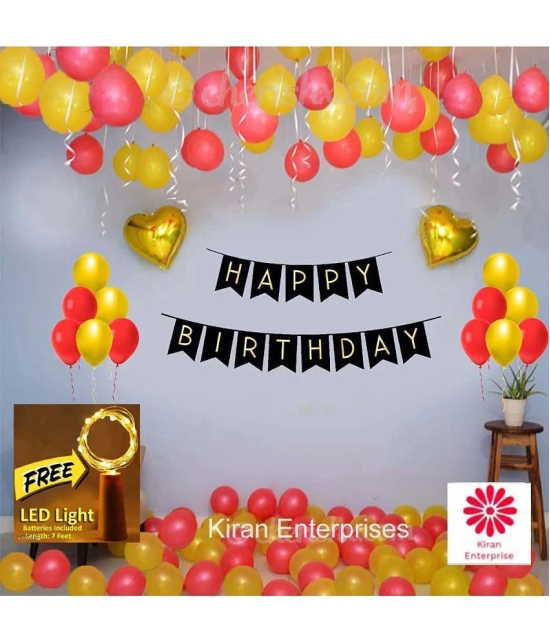 Kiran Enterprises Happy Birthday Banner ( Black ) + 2 Golden Heart Foil Balloon + 30 Metallic Balloon ( Red, Gold ) + FREE 1 pc. LED Light With Battery (7 Feet)