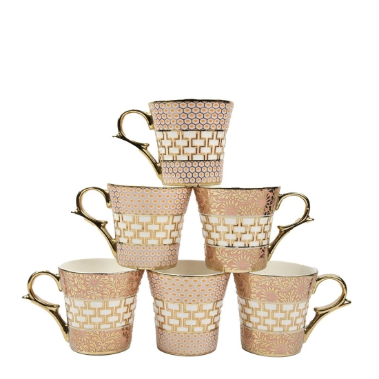 Femora Honey Comb with Golden Daisy Ceramic Tea Cups, Coffee Mugs (160 ml, Golden) - 6 Pcs Set