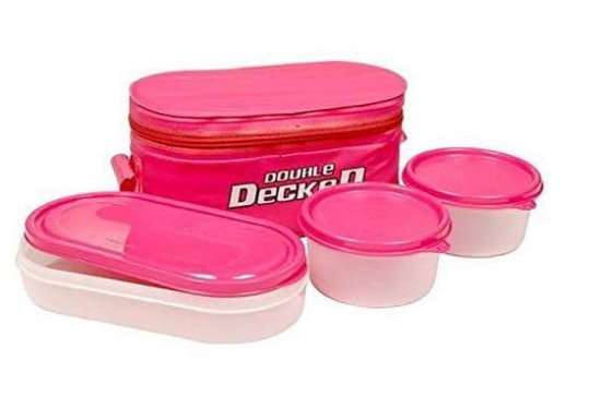 Milton Double Decker Lunch Box, (3 Plastic Container) Red / PINK / BLUE