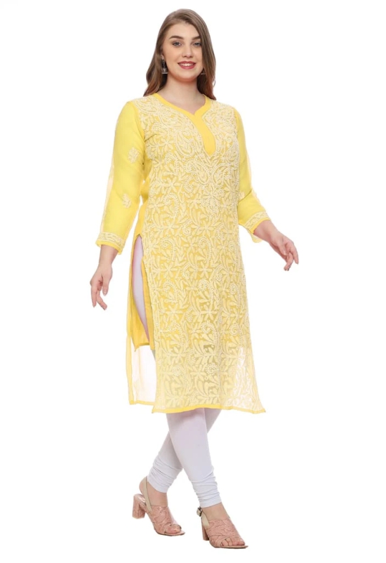 Lavangi Women Lucknow Chikankari Yellow Georgette Kurti with Matching Cotton Inner