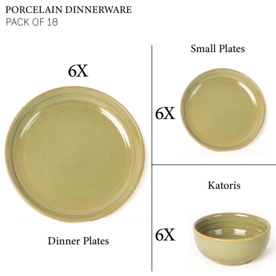 Handcrafted Chip Resistance Porcelain Dinner Set, 18 Pieces Dish Set Serving for 6, Microwave and Dishwasher Safe, Bone-ash Free, Crockery Set for Dining and Gifting, Olive Green