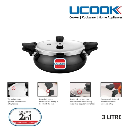 UCOOK By UNITED Ekta Engg. Hard Anodised Duo Lid 2 in 1 Induction Base 3 Litre Handi Shape Multipurpose All in one Outer Lid Pressure Cooker, Black