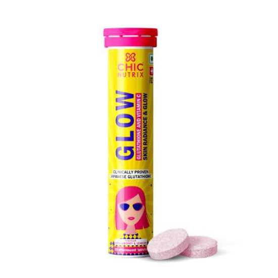 Chicnutrix Glow- Effervescent Glutathione Tablets for Glowing Skin Made with Japanese Glutathione (500 mg) & Vitamin C (40 mg)- 20 Effervescent Glutathione Tablets. Strawberry & Lemon Flavor