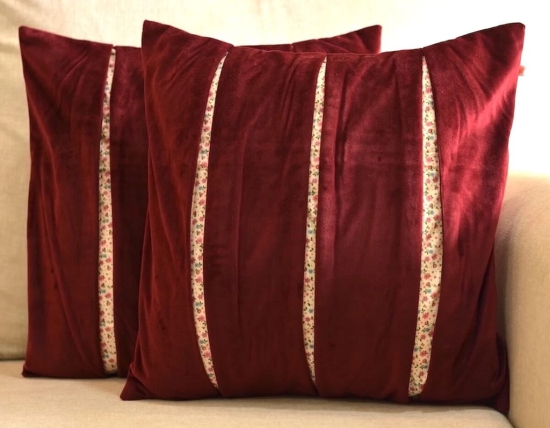 Designer Pleated Pattern Velvet & Cotton Printed Cushion Cover - Maroon, 16x16 Size