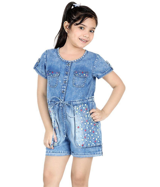 Naughty Ninos Girls Blue Denim Floral Emboidered Jumpsuit - None