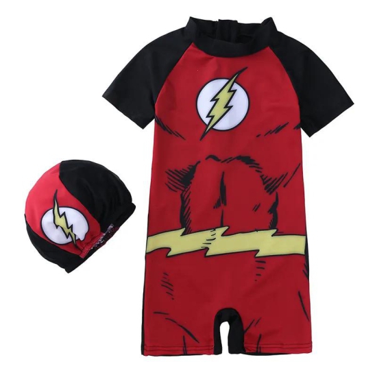 One piece superhero swimsuit with matching cap-XL (6-8yr) / Flash