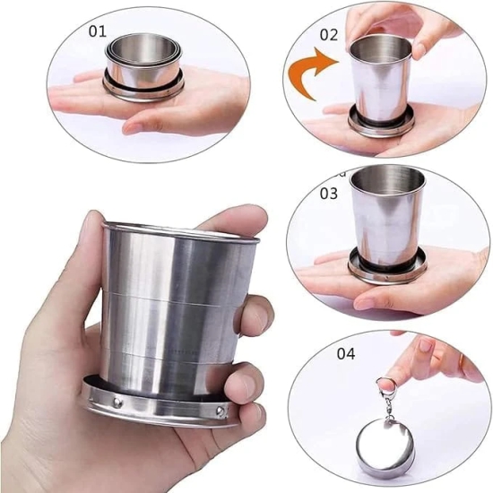 Leak Proof Stainless Steel Foldable 75 Ml Glass with Key Chain for Camping Hiking Drinking Travel Collapsible Cup Expandable Shot Glass Foldable Picnic Glass Silver Color 1 Pcs