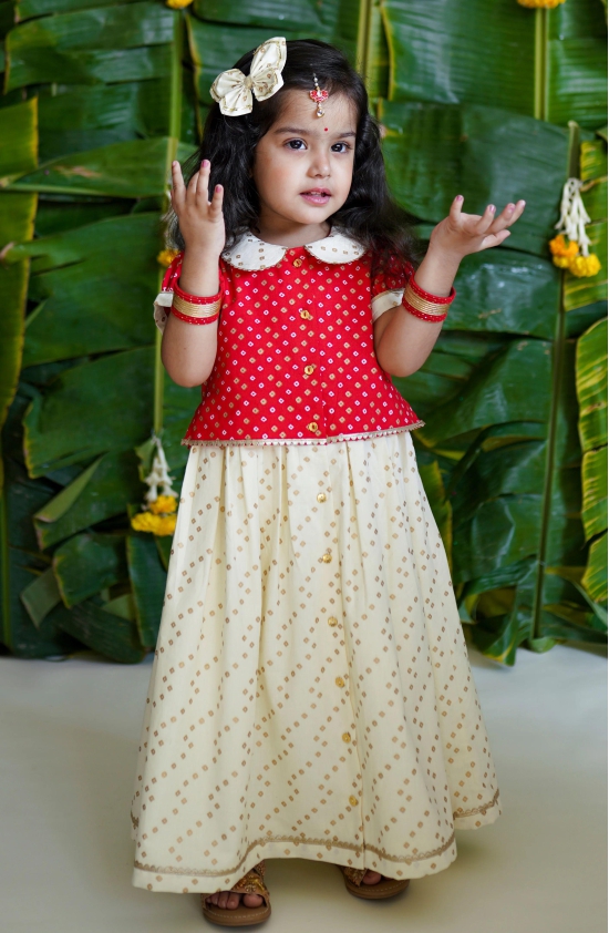 Baby Girl Bandhani Pattu Pavdai-Red 1Y