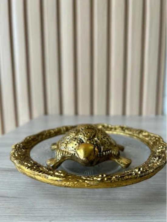 Aarna Creations Vastu Tortoise with Plate| Decorative Glass Metal Golden Carved Kachua with Plate | Metal Glass Fengshui Tortoise