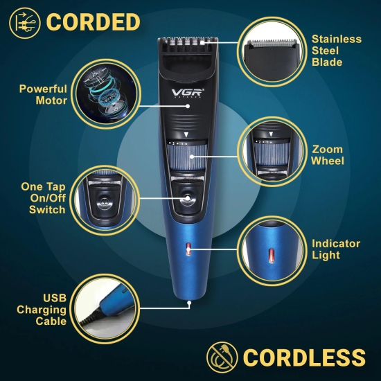 VGR V-052 Blue Hair Trimmer for Men  Professional Trimmer with Long Battery Life and Sharp Blades-VGR V-052 Blue Hair Trimmer for Men – Professional Trimmer with Long Battery Life and Sharp Blades