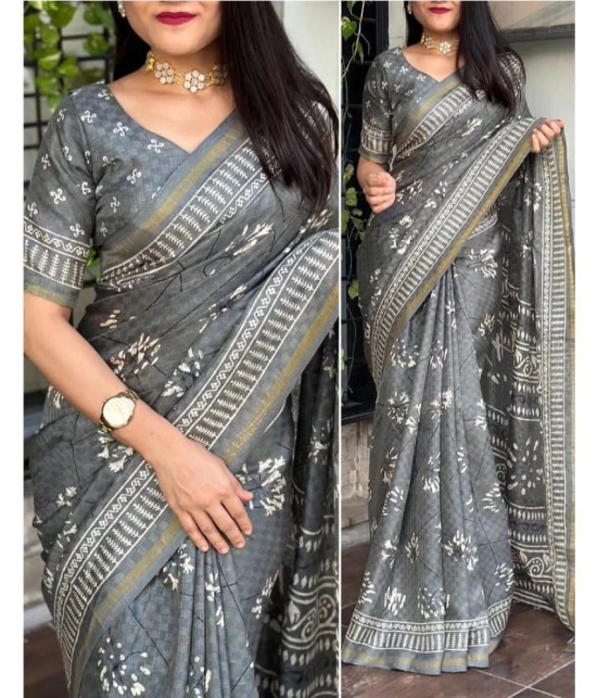 Bhuwal Fashion Jute Printed Saree With Blouse Piece - Grey ( Pack of 1 ) - Grey