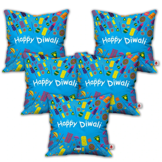 Indigifts Diwali Decoration Items Happy Diwali Quote Blue Cushion Cover 12x12 with Filler Set of 5 - Diwali Gift Items, Dipawali Gift Items, Deepawali Greetings, Deepavali Decoration