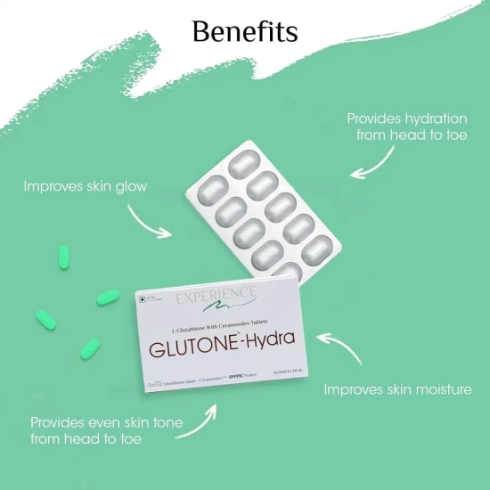 Glutone-Hydra | Setria Glutathione with Ceramosides Tablets for Dry Skin | For Glowing Hydrated Skin | Pack of 10 Tablets