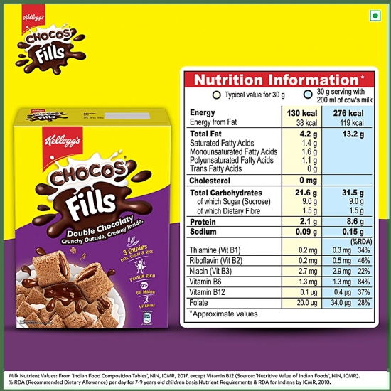 Kellogg's Chocos Fills, Double Chocolaty, Multigrain, High In Protein And B Vitamin, 0% Maida & Corn Flakes With Honey, 630G