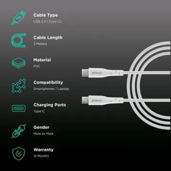 Croma Type C to Type C 6.6 Feet (2M) Cable (In-Built E-Mark Chip, White)