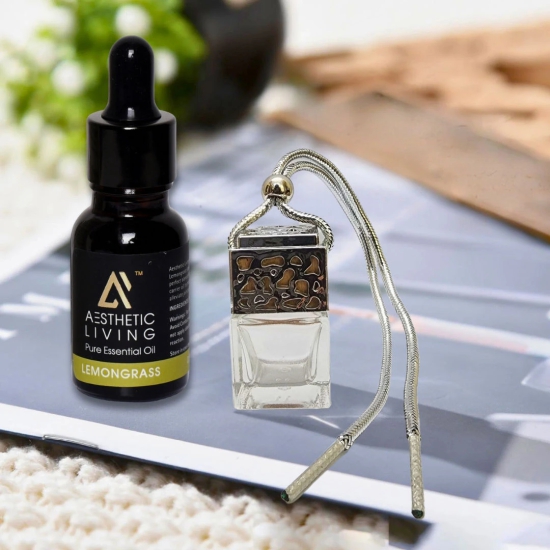 Aesthetic Living Car Aromatizer/ Diffuser Bottle with Essential Oil (Square Gold/Silver Shape-10 ml+ Lemongrass Essential Oil, 15 ml)