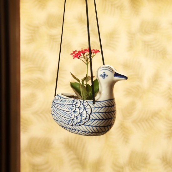 Indigo Chevron Duck Handpainted Ceramic Hanging Planter Pot (6 Inch)