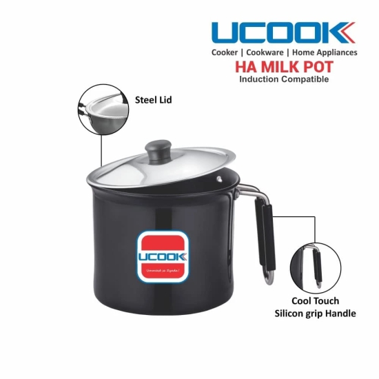 UCOOK by United Ekta Engg. Hard Anodised Induction Base Milk Pot, Milk Pan, Milk Boiler with Steel Lid, 2.25 Litre, Black