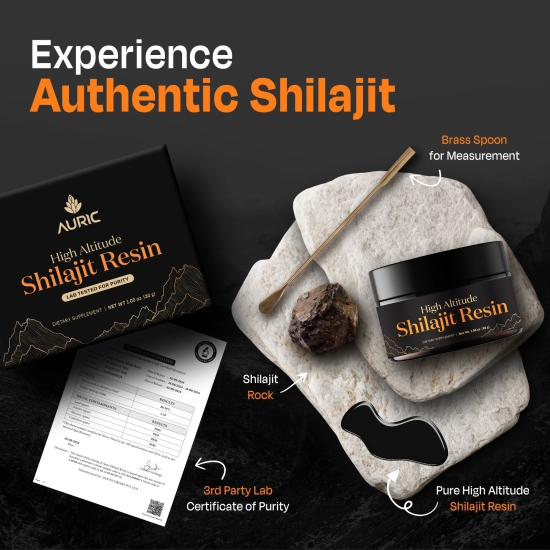 Auric Lab Certified High Altitude Shilajit/Shilajeet Resin 30g | 75% Fulvic Acid + Humic Acid |80+ Trace Minerals, Real Brass spoon and Shilajit rock with every order