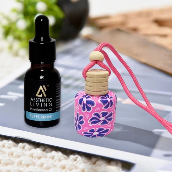 Aesthetic Living Floral Car Aromatizer/ Diffuser Bottle with Essential Oil (Multi Shape Floral-8 ml+ Peppermint Essential Oil, 15 ml)