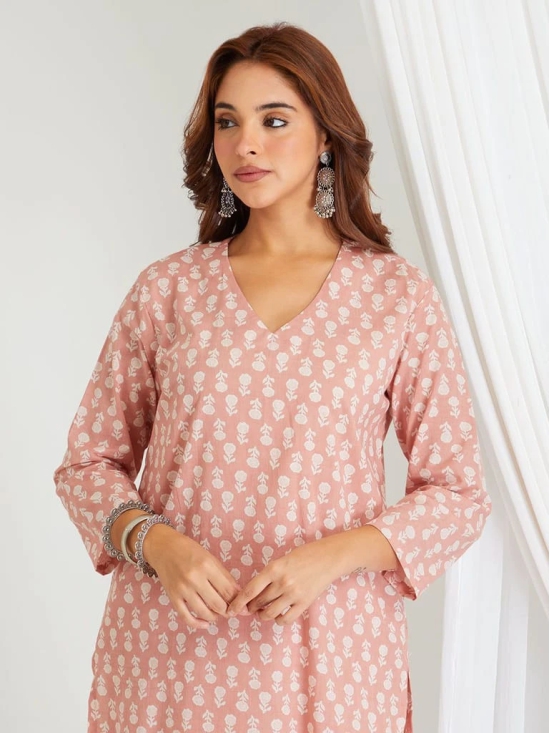 BREATHABLES Women Cotton Printed Loungewear Kurta and Pants Co-ord Set 3/4 Sleeve V Neck Comfort Loose Fit Peach I Night Wear | Co-ord set | Lounge Wear Set