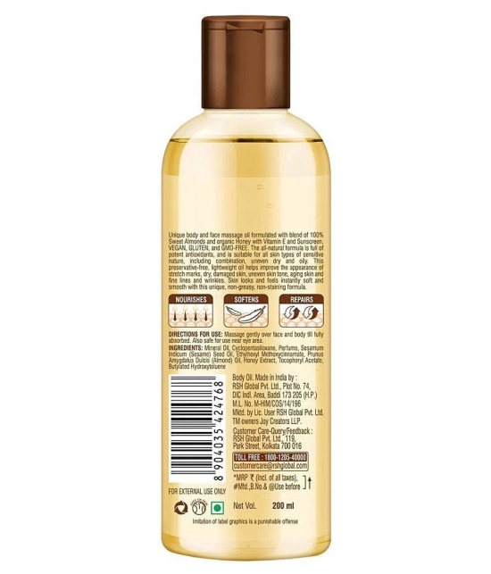 Joy Honey & Almonds Body Oil with Vitamin E for Dry Skin | Non Sticky 200ml, (Pack of 1)