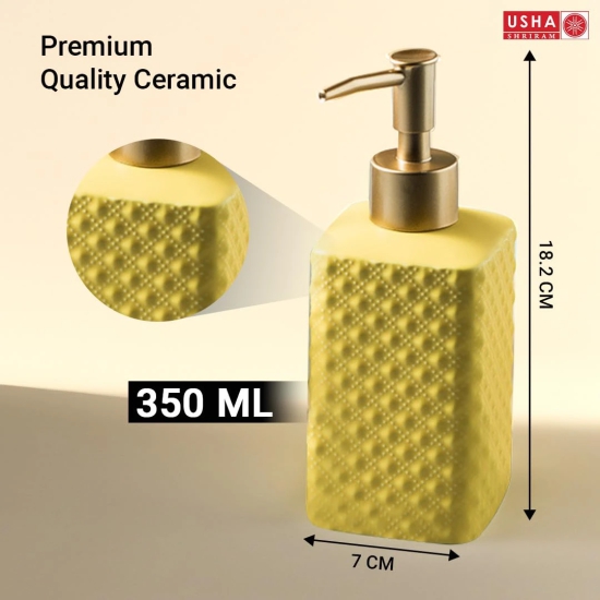 USHA SHRIRAM 350ml Ceramic Soap Dispenser Set, Yellow, Pack of 4-USHA SHRIRAM 350ml Ceramic Soap Dispenser Set, Yellow, Pack of 4.