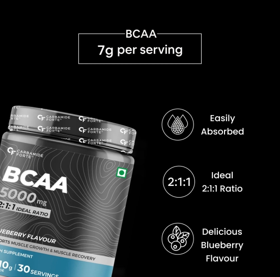 Carbamide Forte BCAA 5000mg Supplement for Men & Women 7g Serving with Ideal 2:1:1 Ratio | BCAA Powder for Muscle Growth & Muscle Recovery - Blueberry Flavour - 210g